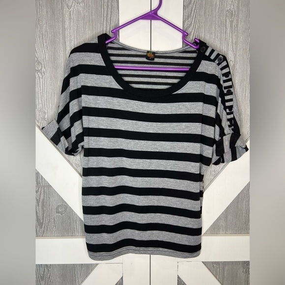 Poof! Tops - BAG155. Poof Black Grey Elbow Length Striped Shirt Button Shoulder Size Small